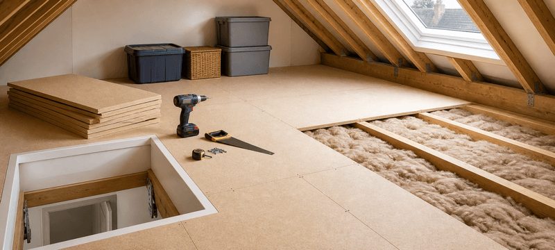 Loft boarding part-laid over insulation with storage boxes and tools beside the hatch
