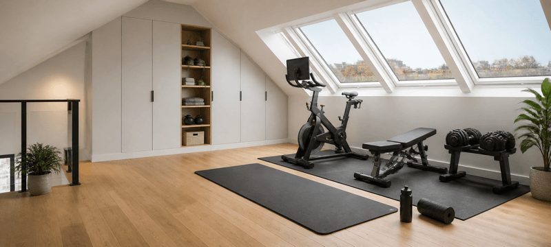 Insulated loft space converted into a home gym with an exercise bike and weights