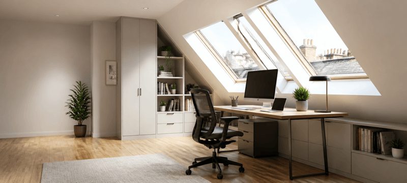 Loft room fitted out as a home office with a desk beneath two roof windows
