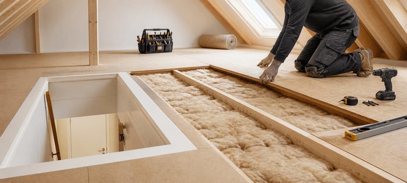 Installer laying timber battens over mineral wool loft insulation ready for boarding