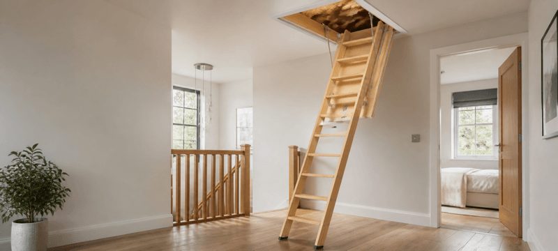 Timber loft ladder lowered onto a landing in a British home