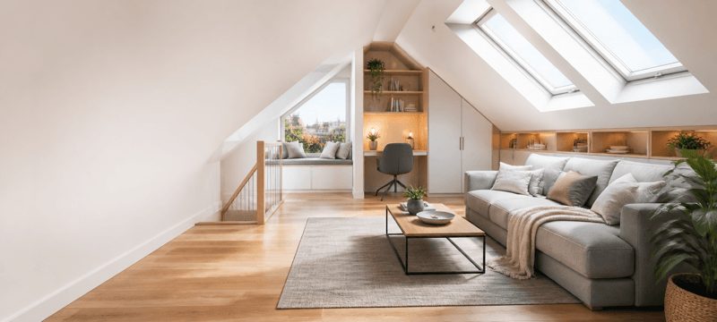 Finished loft makeover used as a bright living room with roof windows