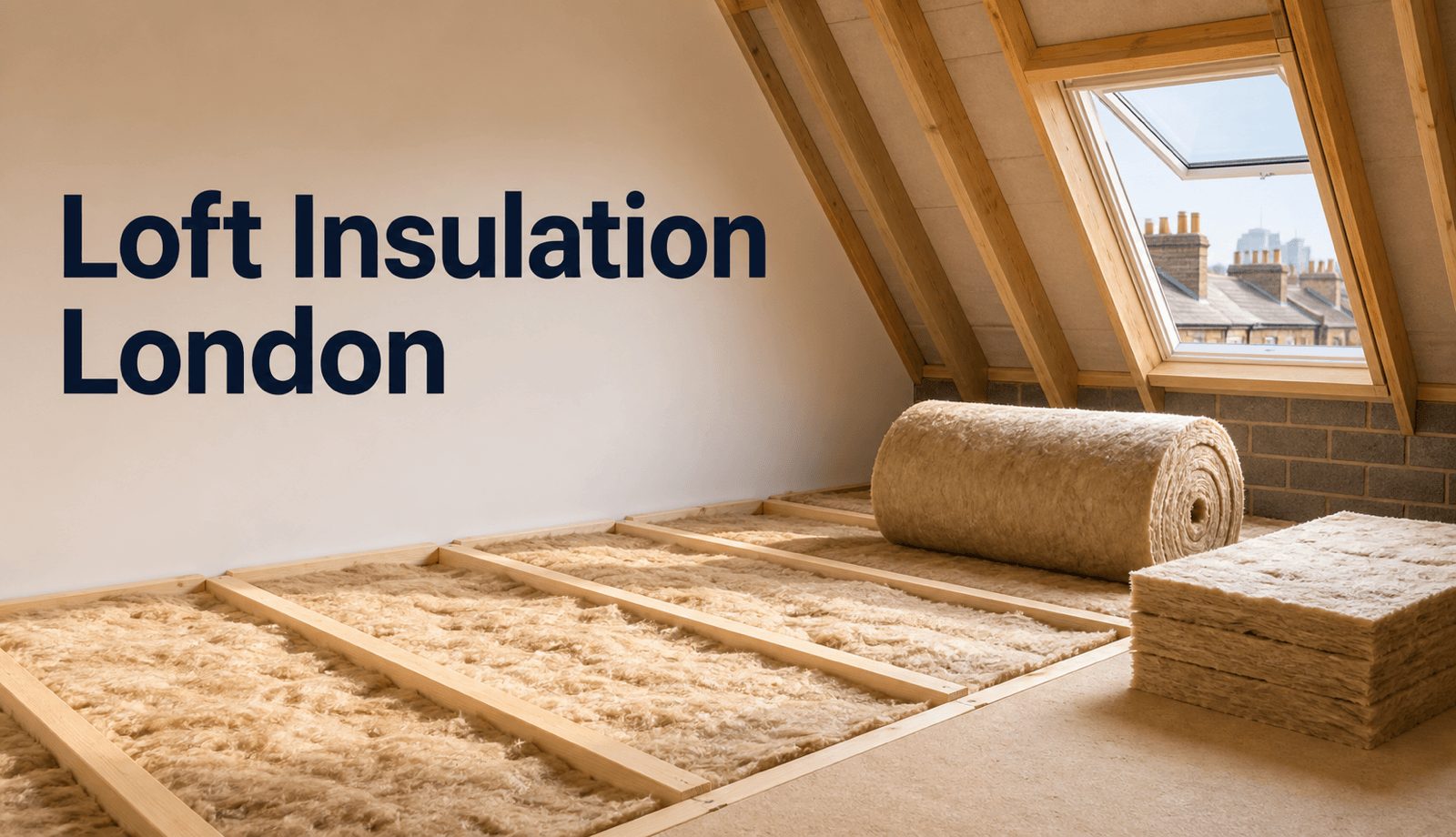 Mineral wool loft insulation rolls laid between ceiling joists in a London roof space