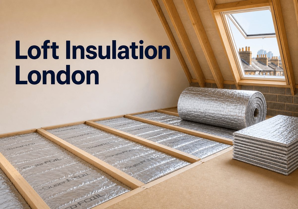 Rolls and stacked sheets of SuperFOIL multifoil insulation in a converted London loft